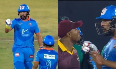 Yuvraj Singh and Tino Best clash heated exchange IML T20 final Brian Lara separates duo video Tamil News