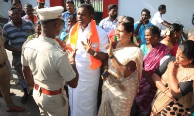 Puducherry BJP MLA AK Sai J Saravanan protest with sanitation workers front of Chief Secretary house over unpaid salary Tamil News